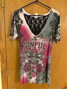Sinful Pink & Gray V-Neck Lace-Back Women's Top